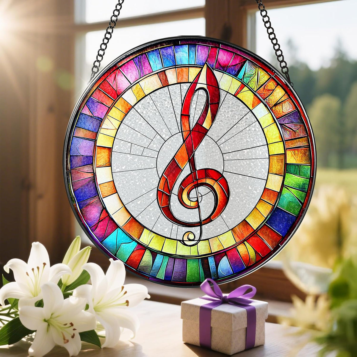 8'' Musical Suncatcher Ornament, Stained Glass Window Hanging, Suncatchers for Windows Hanging