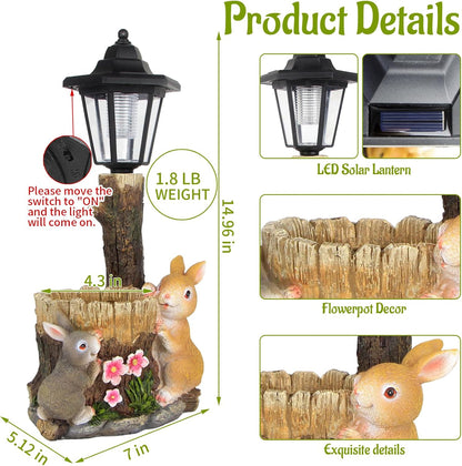 Solar Bunny Garden Stalue Outdoor, Rabbits Figurine Flowerpot Decolwith Solar Lantem for Yard Art