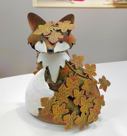 coolboy Garden Metal Fox Outdoor Statues,Interesting Maple Leaf Fox Sculpture for Patio Lawn Home