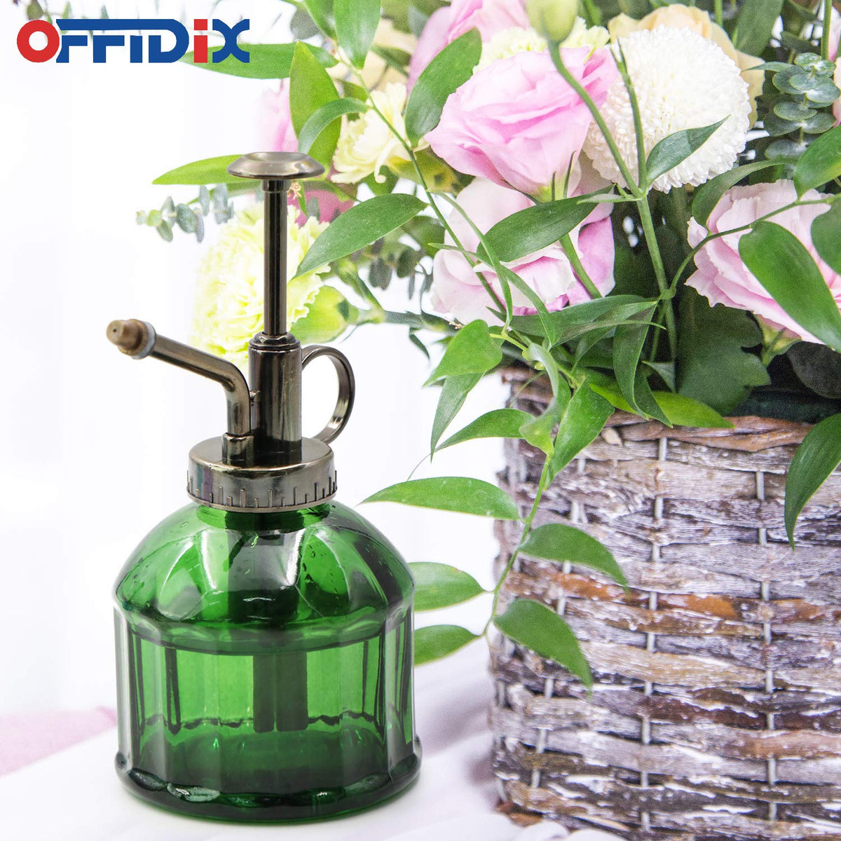 OFFIDIX Glass Plant Mister, 6.3 Inches Tall Vintage Style Spritzer Bronze Plastic Top Pump One Hand