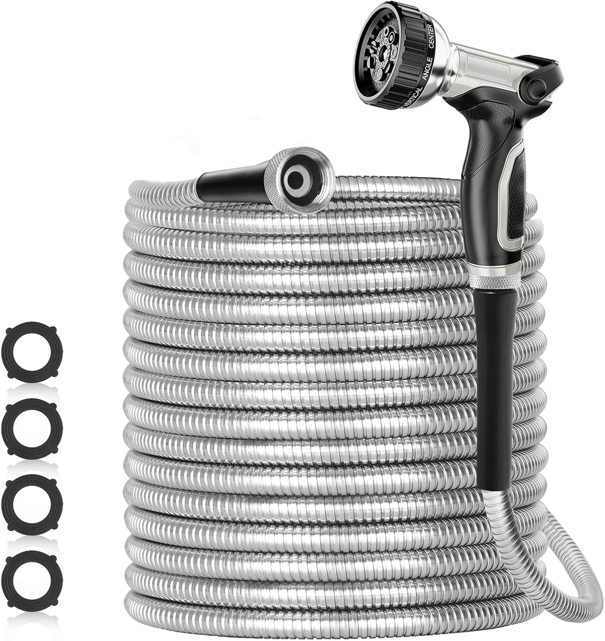 SPECILITE 200ft 304 Stainless Steel Garden Hose Metal, Heavy Duty Water Pipe with Nozzles for Yard