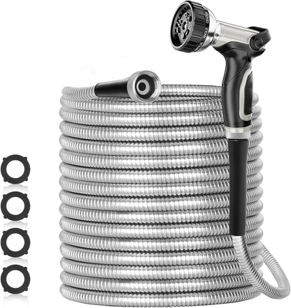 SPECILITE 200ft 304 Stainless Steel Garden Hose Metal, Heavy Duty Water Pipe with Nozzles for Yard