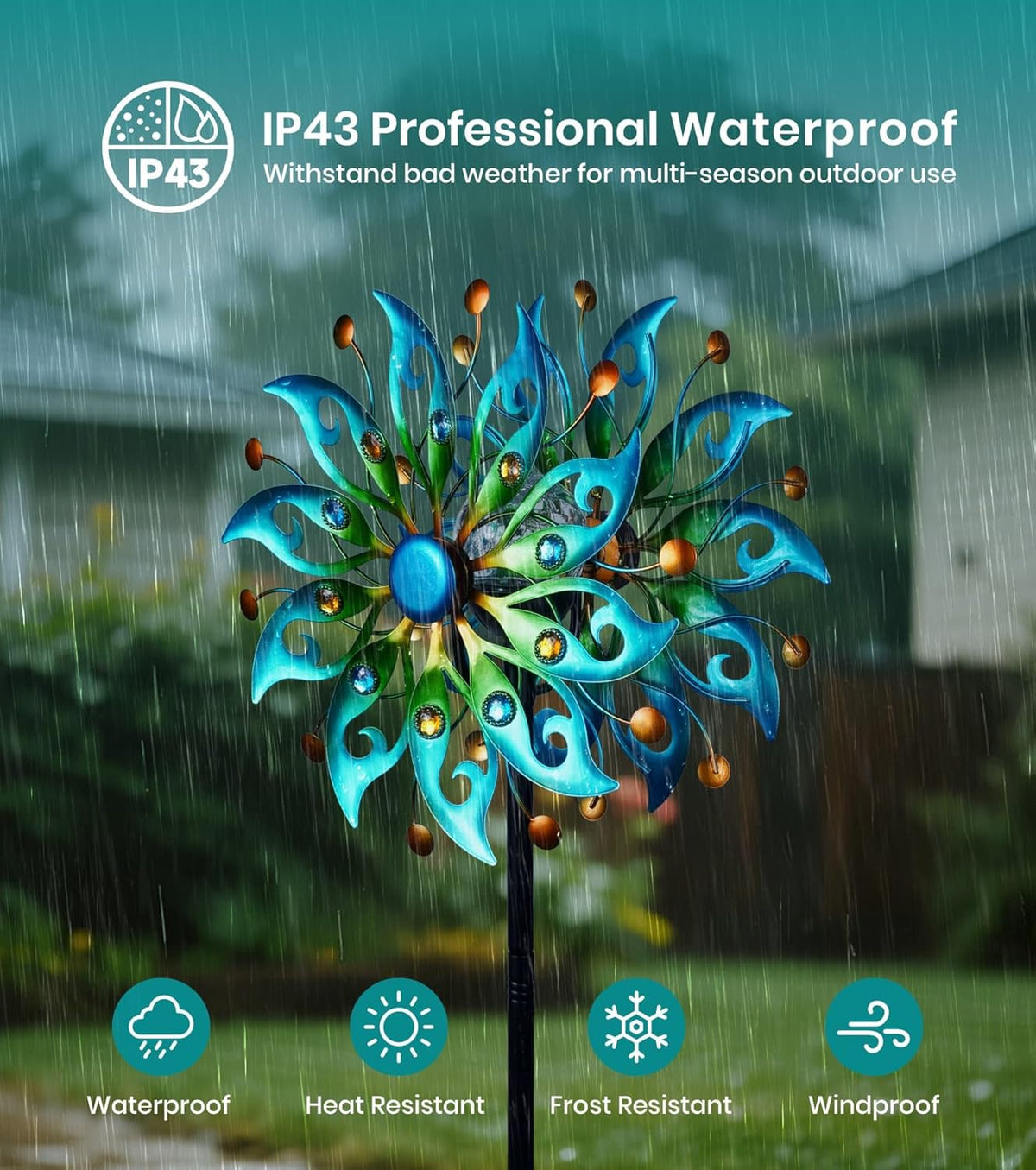Solar Wind Spinners Outdoor – H63xW13 Metal Kinetic Garden Spinner with Crackle Glass Ball &