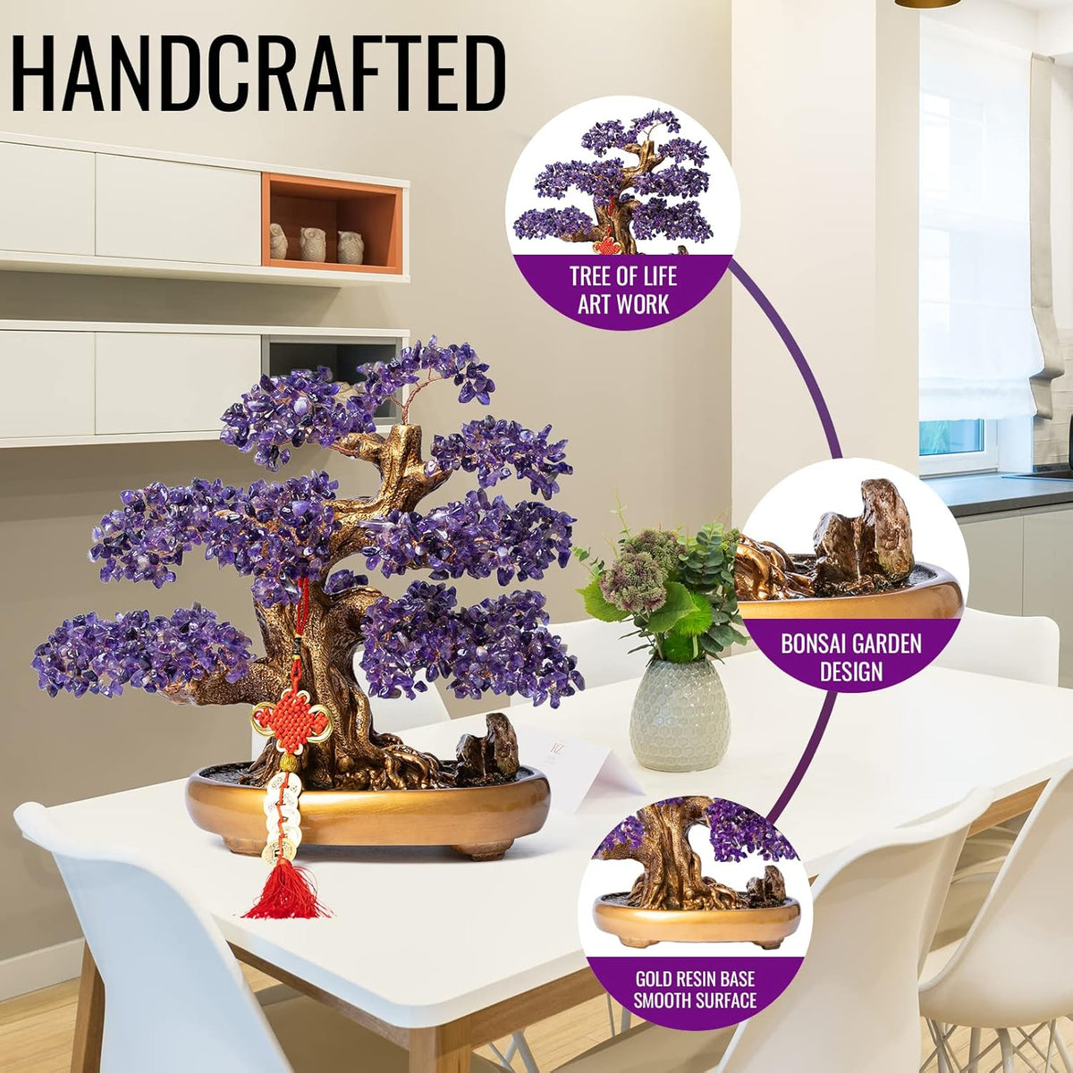 Natural Amethyst Gemstone Crystal Bonsai Tree of Life Large Feng Shui Money Chakra Tree for Luck