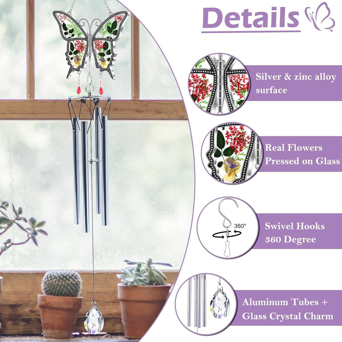 Butterflies Wind Chimes Glass Metal Real Flower and Multicolor 4 Tube Aluminum Windchime with S