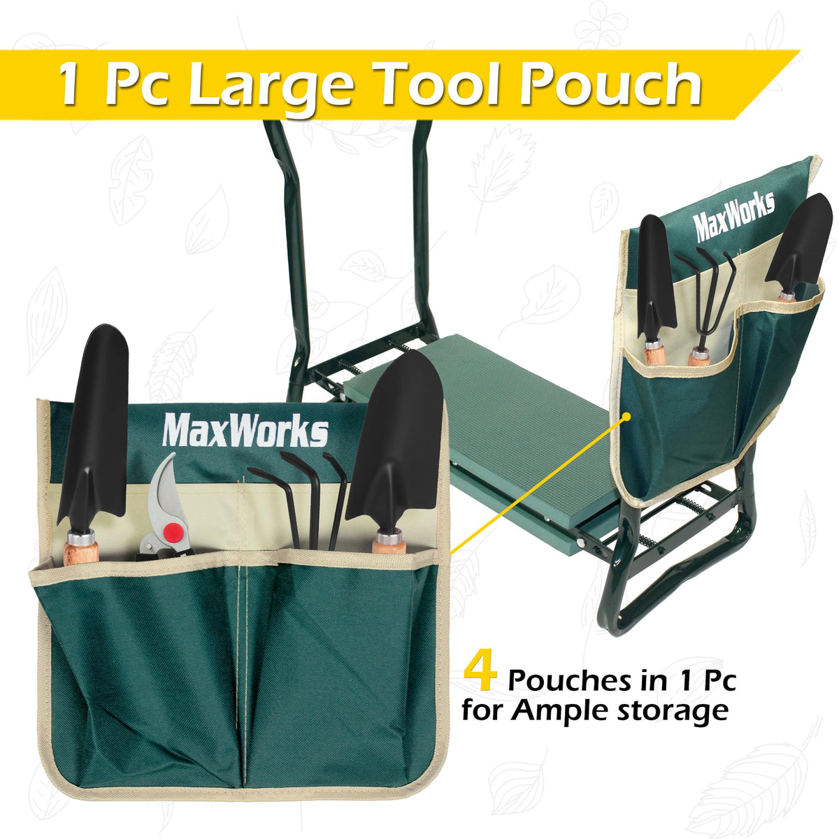 MaxWorks 50921 Folding Garden Kneeler Stool with 8 inch Wide Kneeling Pad, with 1 Tools Pouch for