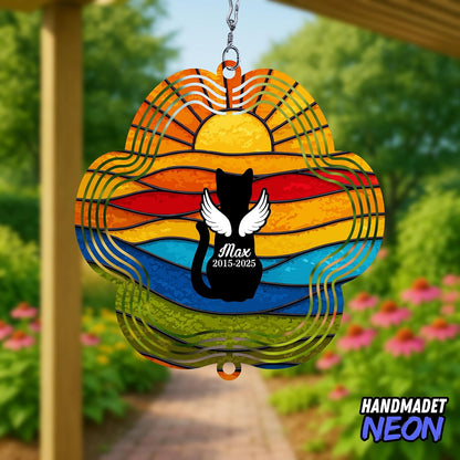 Personalized Cat Memorial Wind Spinner Metal Outdoor Art, Custom Rainbow Angel Wings 3D Kinetic