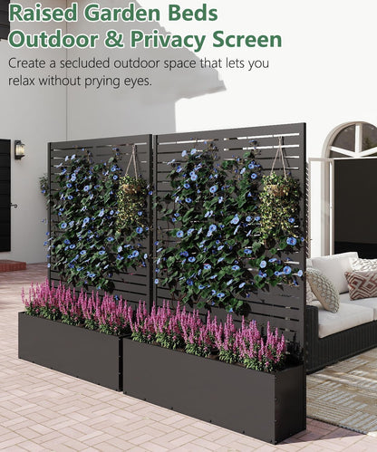 Metal Planter Box with Trellis,70.9"x47.2"x15.7" Raised Garden Bed with Drainage Holes, Privacy