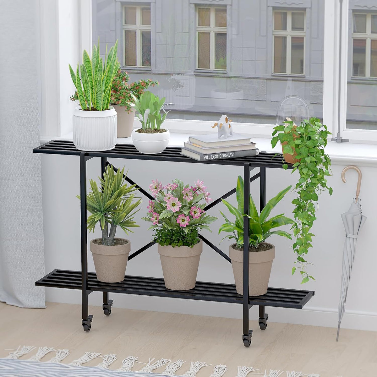 Zhongma 2 Tier Metal Sturdy Narrow Plant Stand with Wheels, Plant Stand Indoor and Outdoor, L45.67
