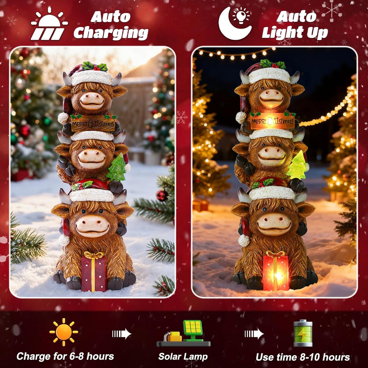 Christmas Highland Cow Decor with Solar Light Triple Highland Cow Christmas Decorations Gifts for