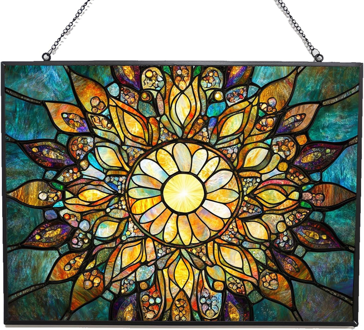 Customized Rectangle Boho Mandala Sunburst Stained Glass Suncatcher Window Hangings, Stained Glass