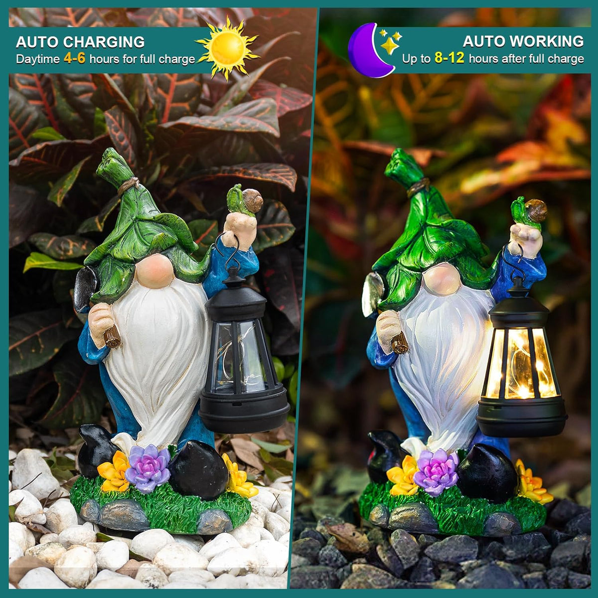 Solar Gnome Garden Figurine Yard Lights with Solar Lights Lantern & Shovel - Outdoor Yard Art Lawn
