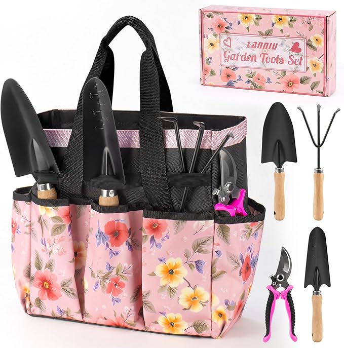 Pink Gardening Tools, Garden Tool Set for Women,5 Piece Womens Gardening Kit with Floral Garden