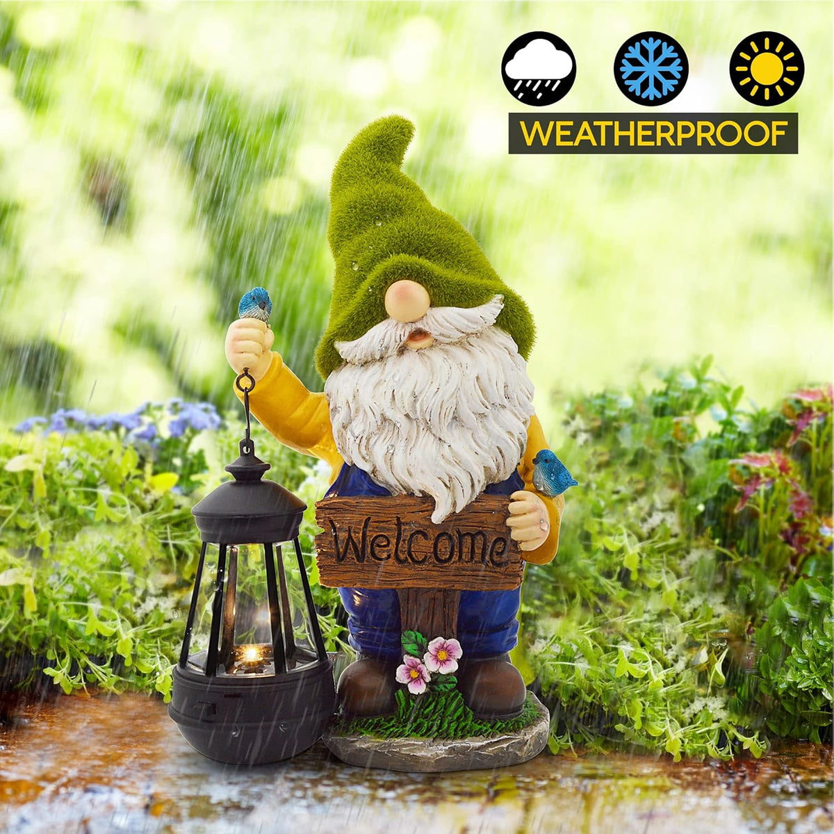 Christmas Garden Gnomes Outdoor - Flocked Gnome Statue Holding Lantern with Solar LED Lights |