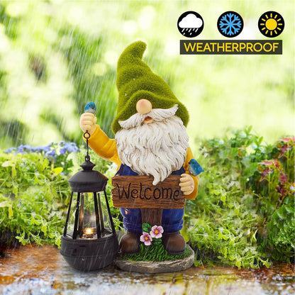 Christmas Garden Gnomes Outdoor - Flocked Gnome Statue Holding Lantern with Solar LED Lights |