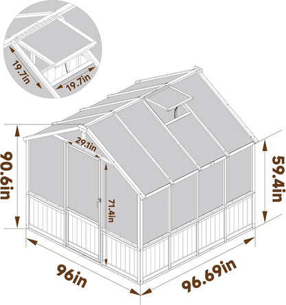 MUPATER 8' x 8' Wooden Polycarbonate Greenhouse with Ventilated Window & Lockable Door, 6mm
