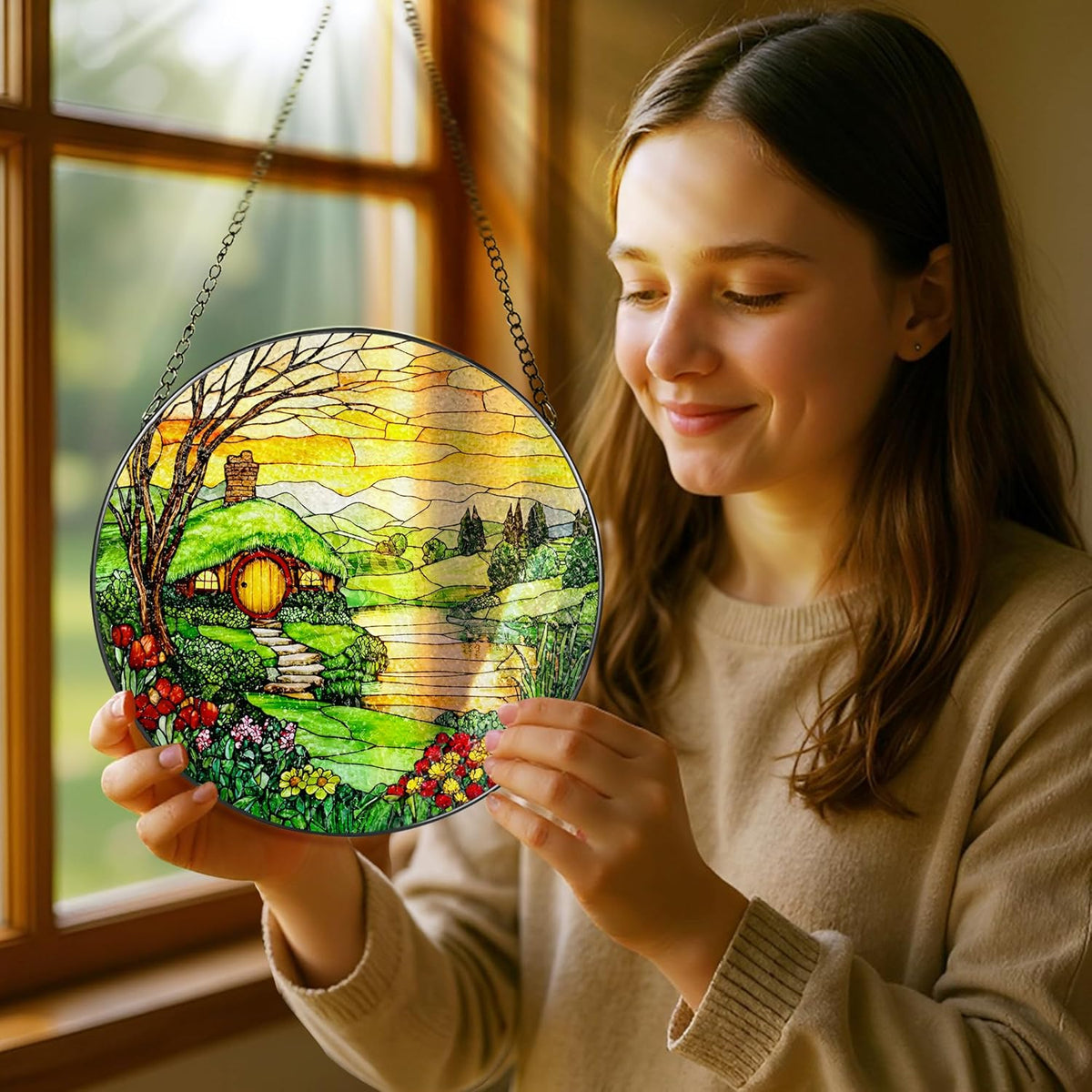 Stained Glass Window Hanging, Pauyadu 8 Inch The Shire Stained Glass Suncatcher, Window Decorations