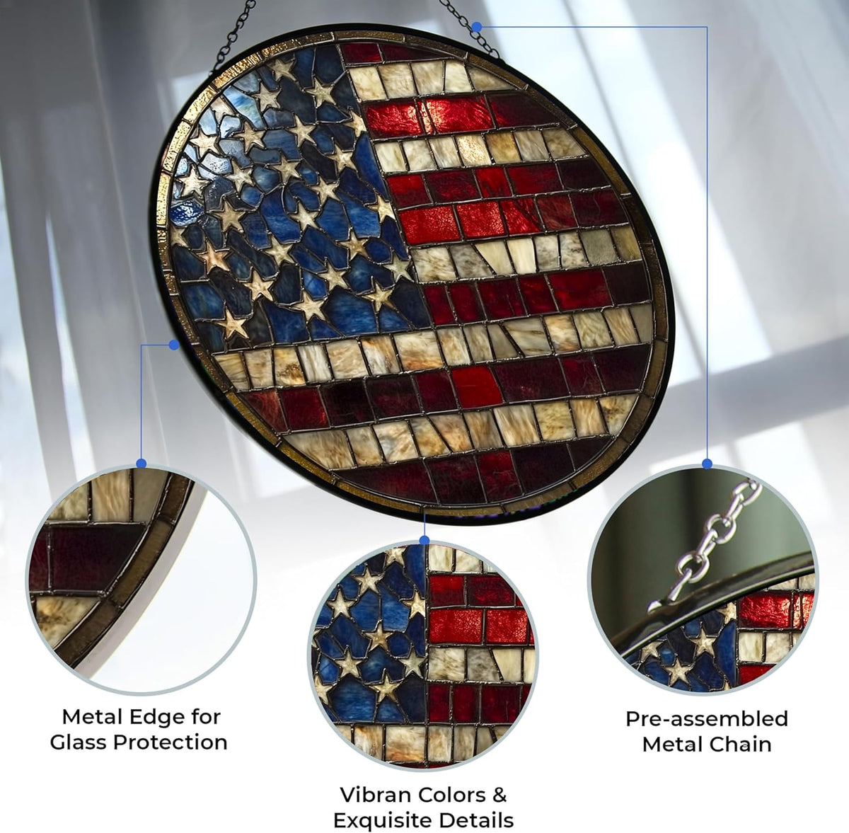 USA Flag Stained Glass Window Hanging by Clare Donovans Stained Glass Suncatcher Birthday Gift for