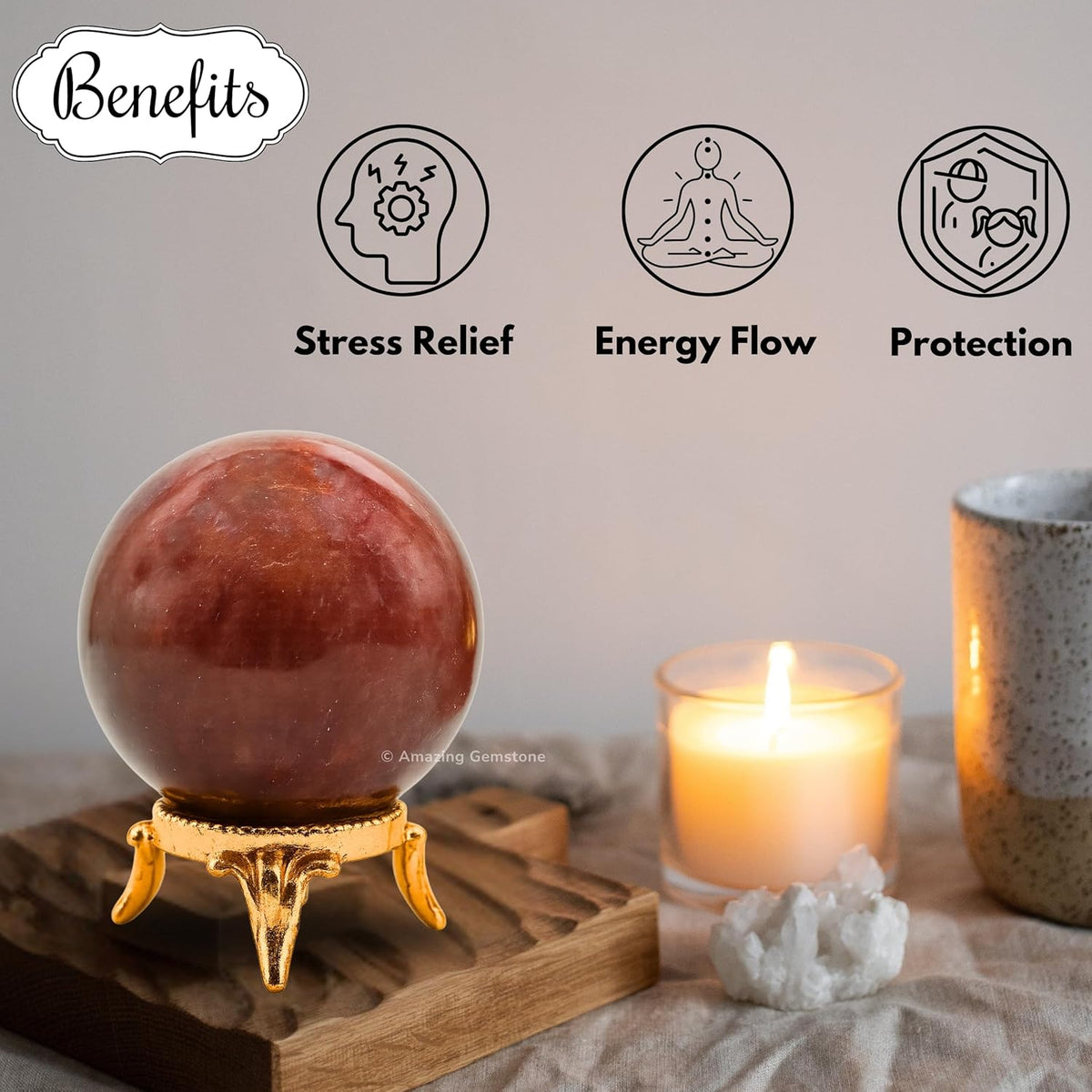 Amazing Gemstone Strawberry Quartz Crystal Ball with Stand - 2 Inches Crystal Sphere Meditation