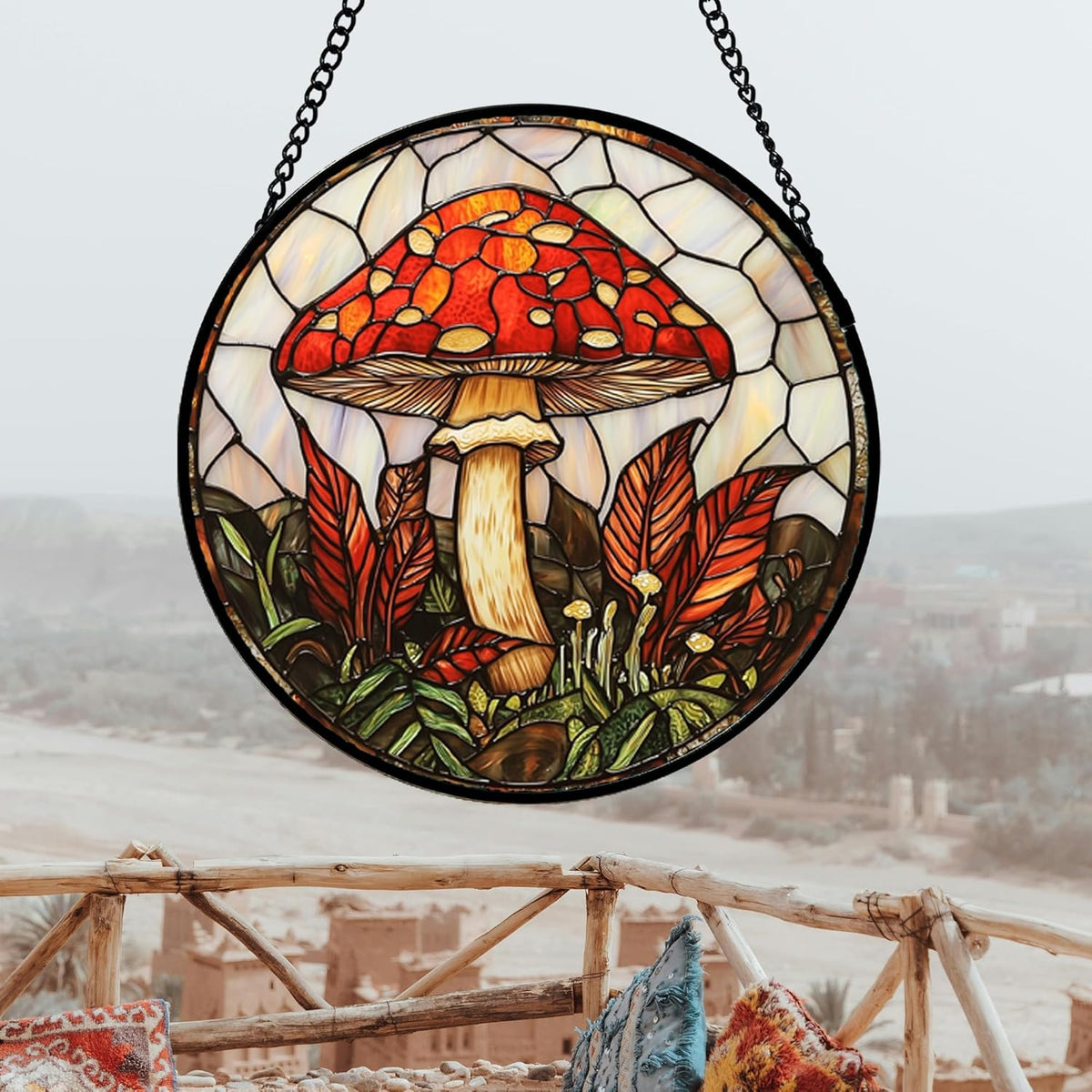 Stained Glass Window Hanging, Big Red Mushroom Suncatcher for Doors Home Sun Catchers Decoration