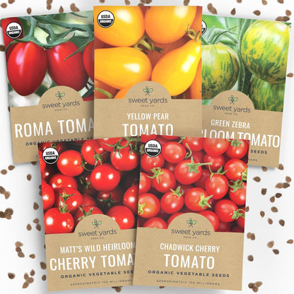 Organic Cherry Tomato Seeds Variety Pack - 5 Individual Packs - 2025 Season - Green Zebra, Matt's