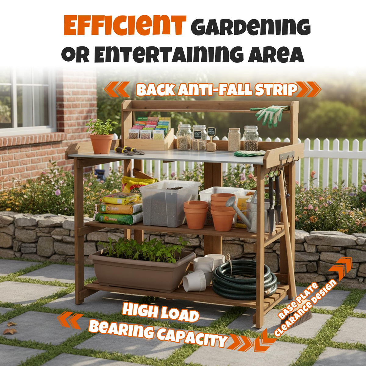 Outdoor Potting Bench Table, Indoor Wooden Work Station with Metal Table Top, Metal Hooks, Large