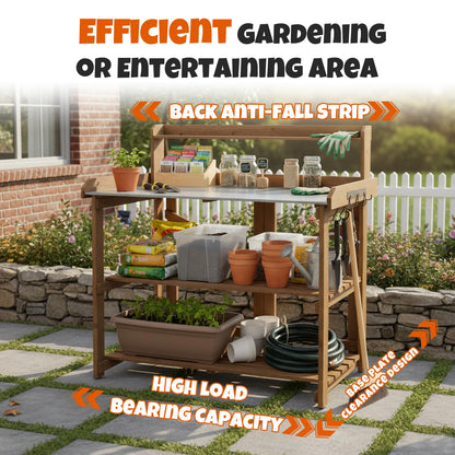 Outdoor Potting Bench Table, Indoor Wooden Work Station with Metal Table Top, Metal Hooks, Large