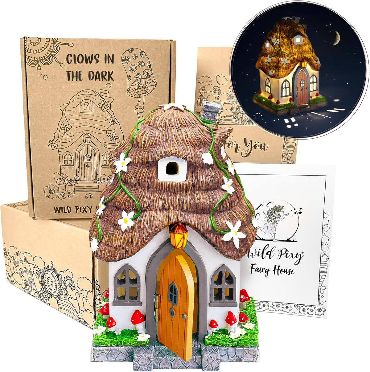 WILD PIXY Fairy Garden House - Glow in The Dark Fairy Cottage with Opening Door and Solar LED