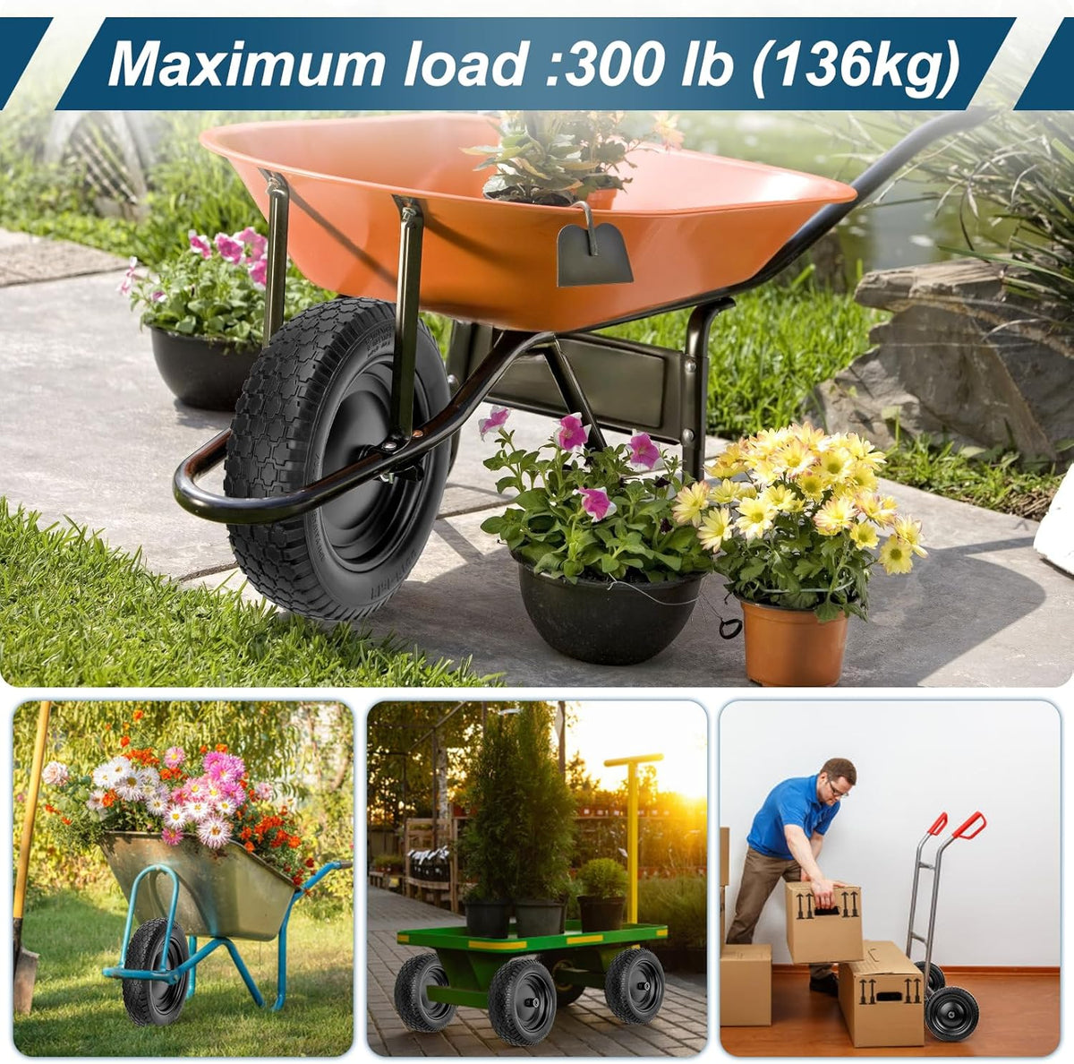 4.80/4.00-8" Flat Free Tire and Wheel 14.5" Solid Flat-Free Replacement Tire with 5/8"& 3/4" Axle