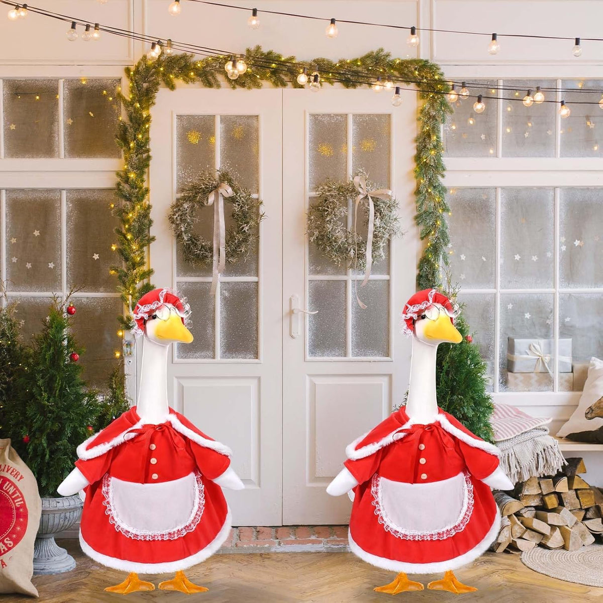 Mrs. Claus Porch Goose Outfits Christmas Lawn Goose Clothes Fits 23" Cement Plastic Goose Statue