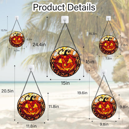 Stained Glass Window Hanging - Halloween Decorations Evil Pumpkin Orange Suncatcher for Doors