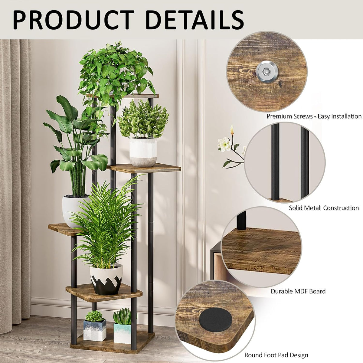 5 Tier Wood Tall Plant Stand Metal Rack Indoor, Multiple Flower Pot Holder Shelves Corner Rack