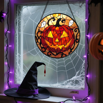 Stained Glass Window Hanging - Halloween Decorations Evil Pumpkin Orange Suncatcher for Doors