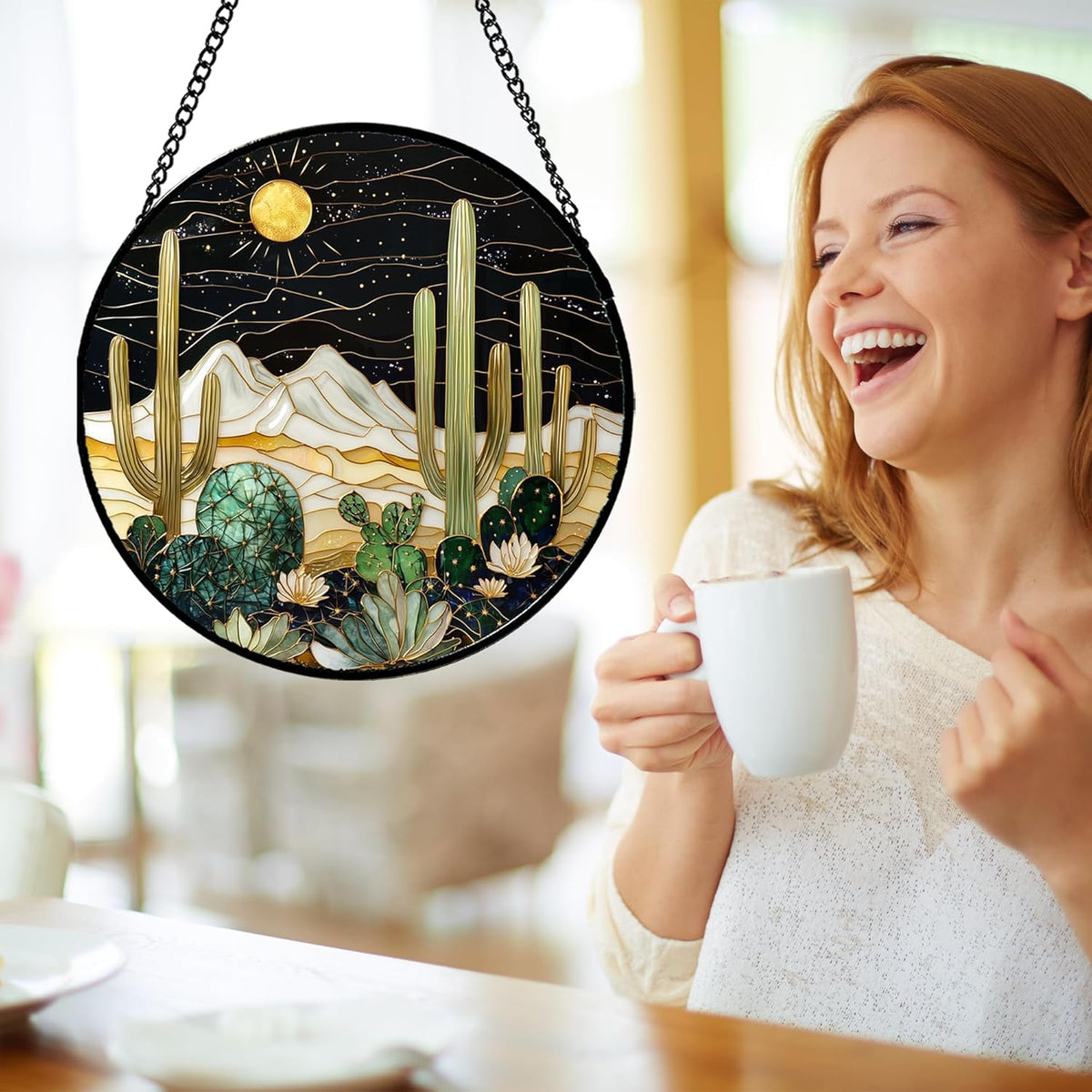 Stained Glass Window Hanging, Black and White Golden Cactus Nature Suncatcher for Doors Window Home