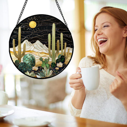 Stained Glass Window Hanging, Black and White Golden Cactus Nature Suncatcher for Doors Window Home