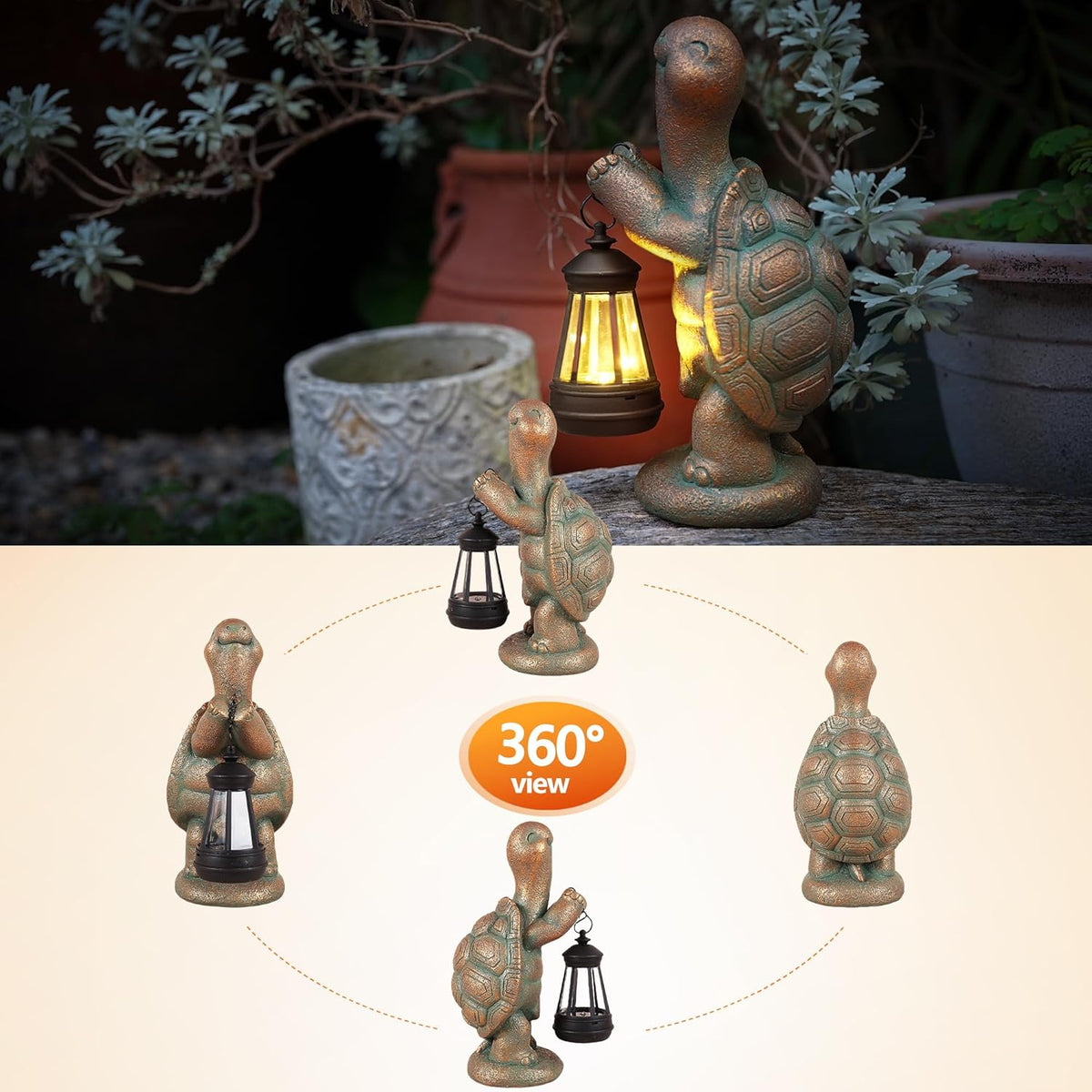Turtle Solar Powered Outdoor Garden Statue, Resin Statue with Solar Light Lantern, Decorative Lawn