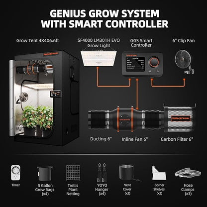 Spider Farmer SF4000 Grow Tent Kit Complete 4x4x6.6ft Samsung LM301H EVO LED Diodes, 450W Grow