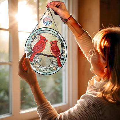 7.8" Cardinal Stained Glass Suncatchers, Red Birds and Flower Art Glass Sun Catcher for Window