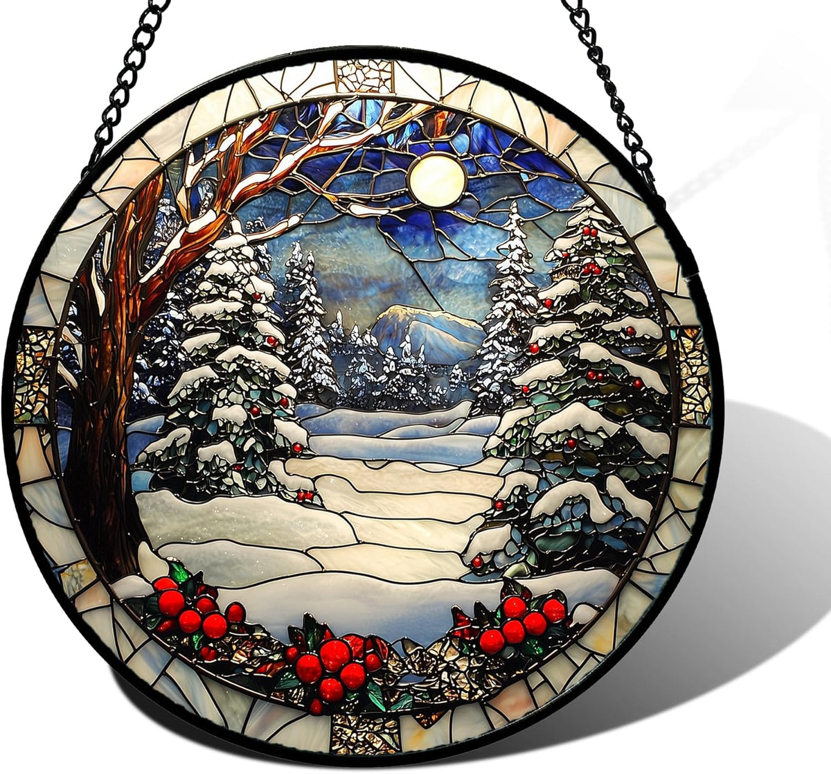 Stained Glass Window Hanging Christmas Tree Winter Snow Night Scenery 6.3" - Suncatcher Door Garden