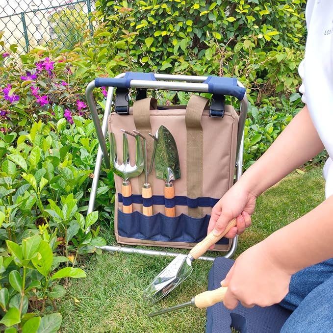 Garden Folding Gardener Stool with Gardening Tools Insulation Garden Bags Plus 5 Garden Tools and