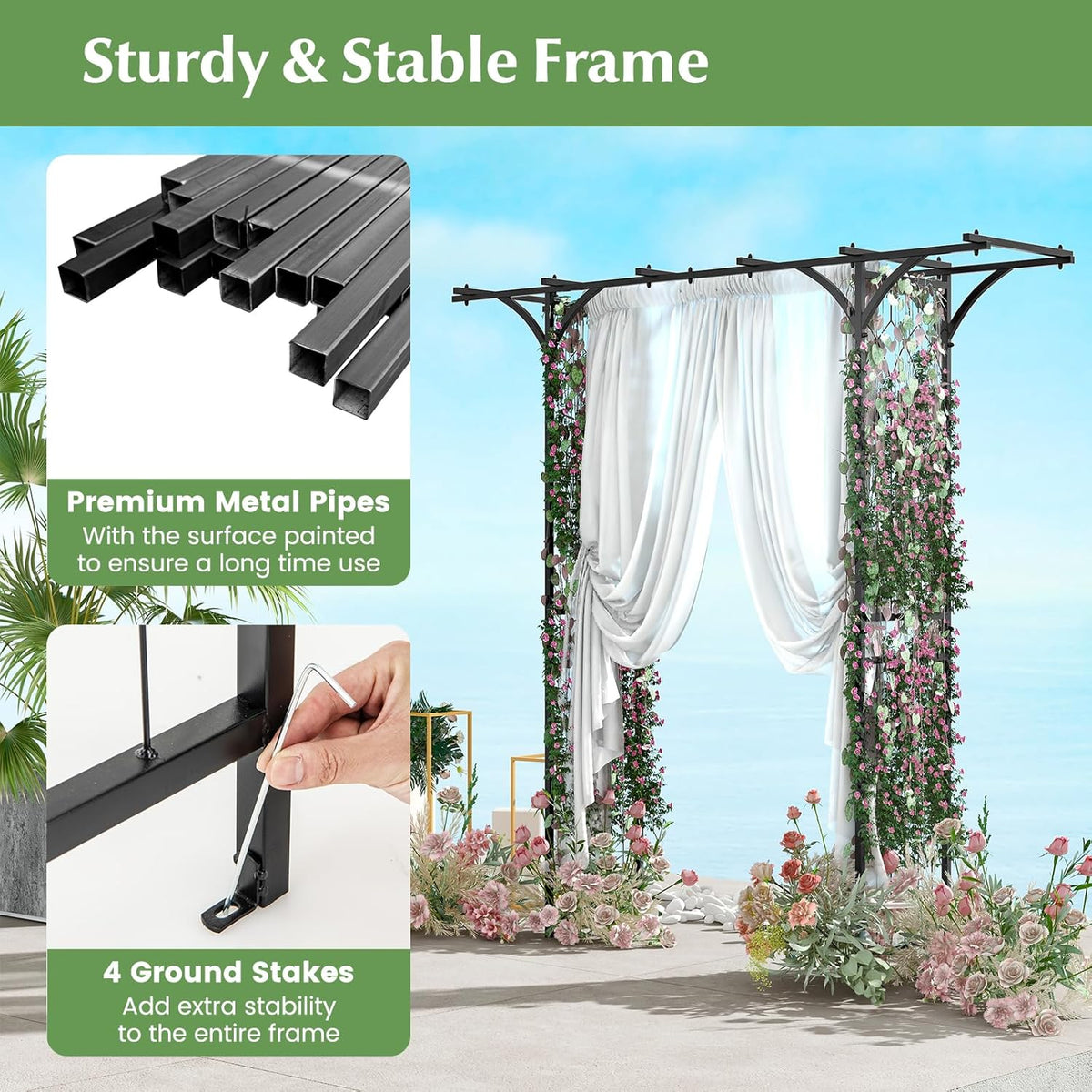 LDAILY Wedding Arch, 6.8FT Rustproof Metal Garden Arbor with Extended Roof & 4 Stakes, Outdoor