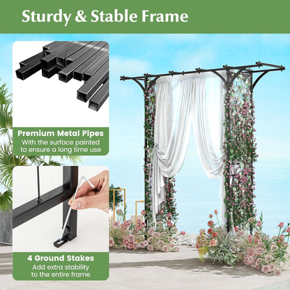 LDAILY Wedding Arch, 6.8FT Rustproof Metal Garden Arbor with Extended Roof & 4 Stakes, Outdoor