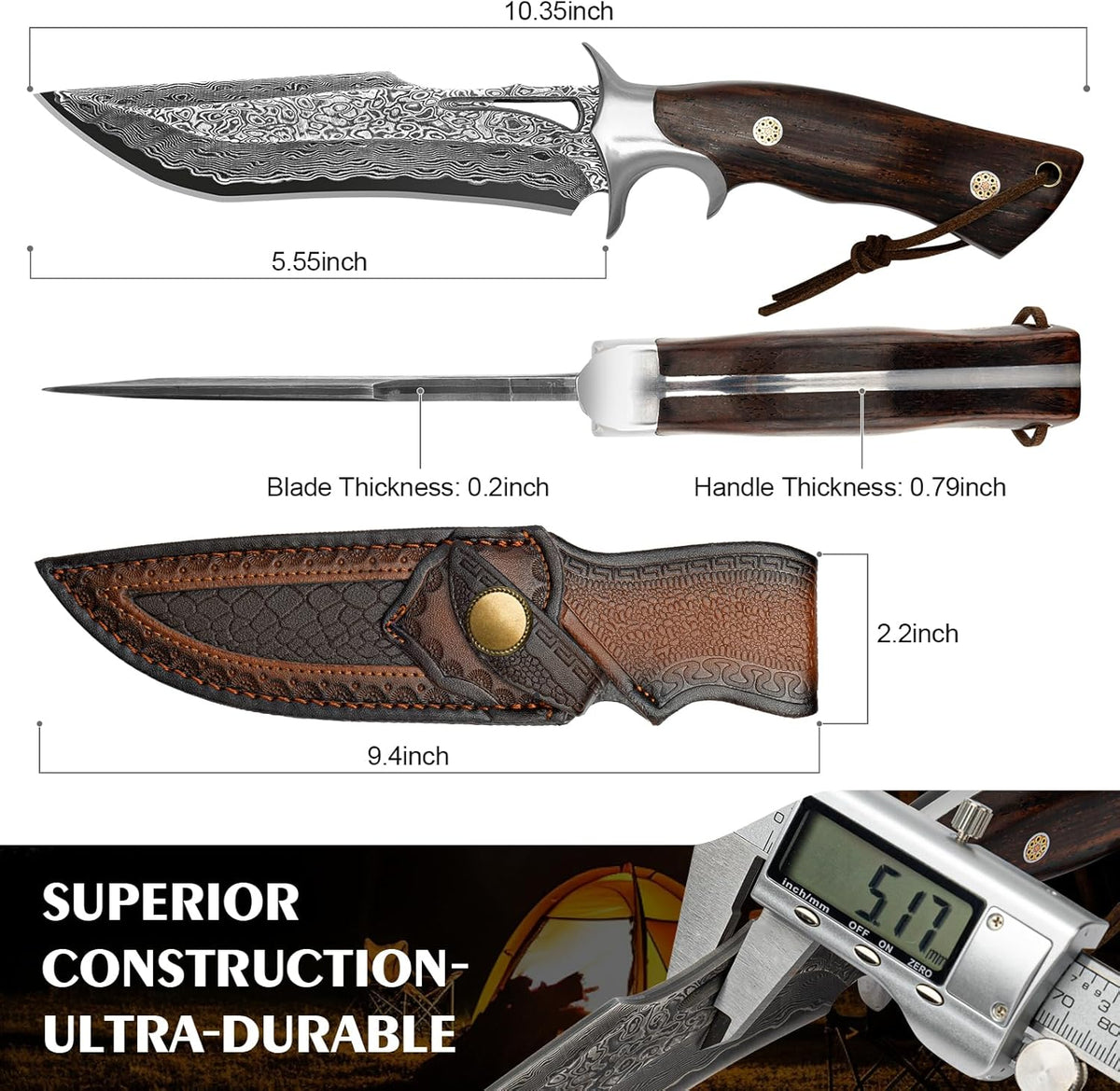 Handmade Damascus Hunting Knife,10.4"Fixed Blade Bowie Knife with Leather Sheath,Real Damascus