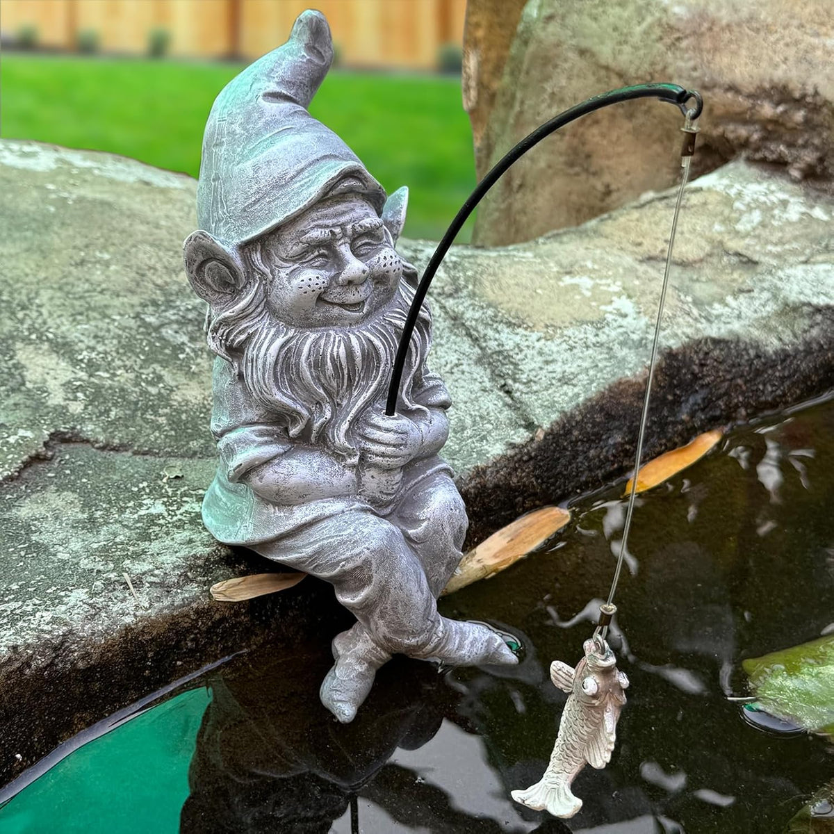 Garden Gnome Pond Statue Decoration, Fishing Gnome Garden Statue Outdoor Koi Pond or Waterfall