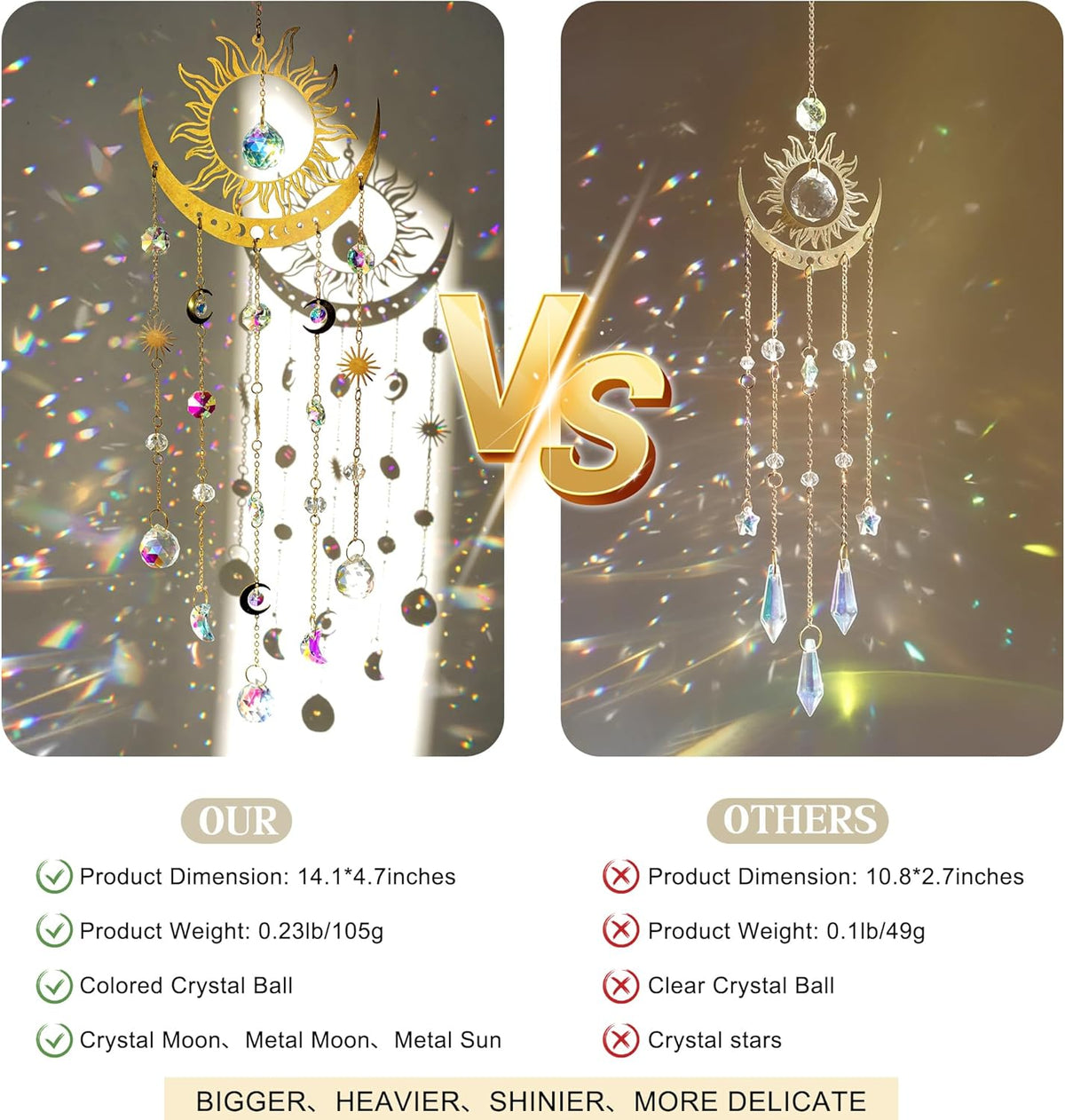 H&D HYALINE & DORA Sun and Moon Suncatcher Crystal Wind Chimes for Hanging Outdoor Indoor Glass