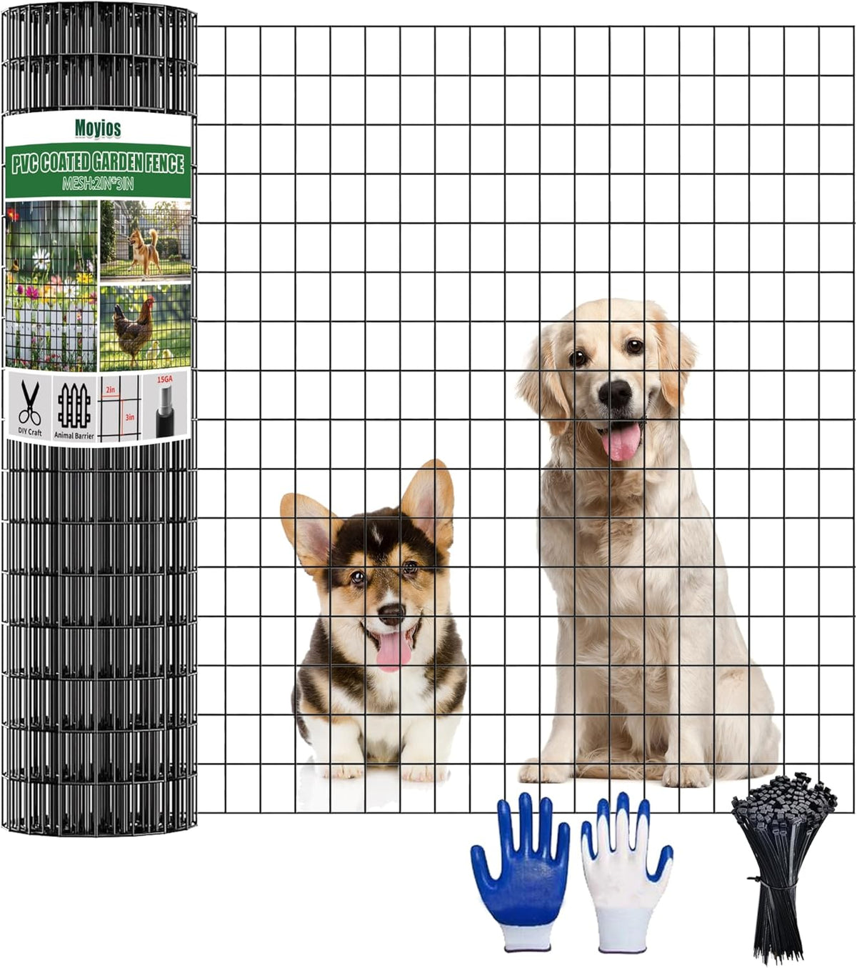 48 in x 25 ft Welded Wire Mesh Fence, 2 in × 3 in 15GA Black PVC Coated Garden Fencing Roll, Dog