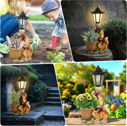 Solar Squirrels Outdoor Statues, Garden Sculptures with Flowerpot Decor & Solar Lantern for Yard