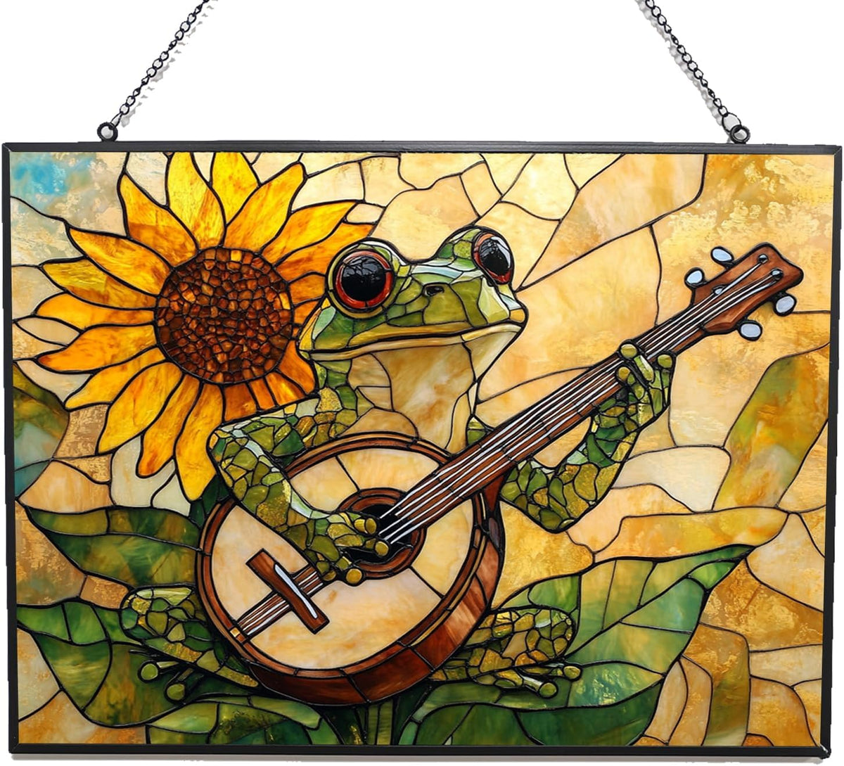 Customized Rectangle Boho Frog Playing Banjo Stained Glass Window Hanging Suncatcher Stained Glass