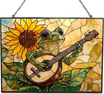 Customized Rectangle Boho Frog Playing Banjo Stained Glass Window Hanging Suncatcher Stained Glass