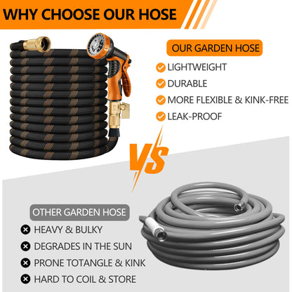Flexible Garden Hose 100 FT, Ultra Lightweight Water Hoses w/10 Function Sprayer and 3/4" Brass